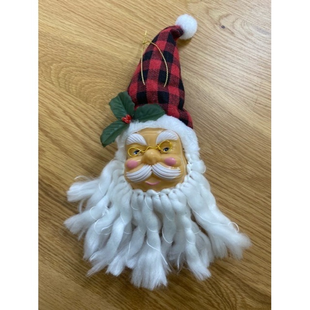 Plastic Face Santa Claus Ornament Red Black Good Buffalo Plaid Yarn Beard